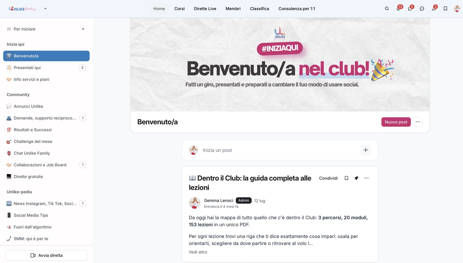 La home del Club di Unlike Academy: corsi, dirette live, community e classifica